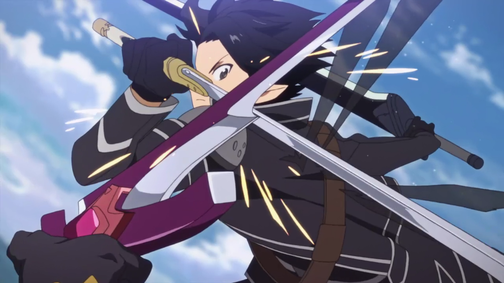 Kirito bloqueando o movimento de Eugene.