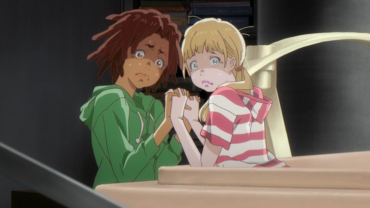 Cena do anime Carole & Tuesday com legendas em português e inglês