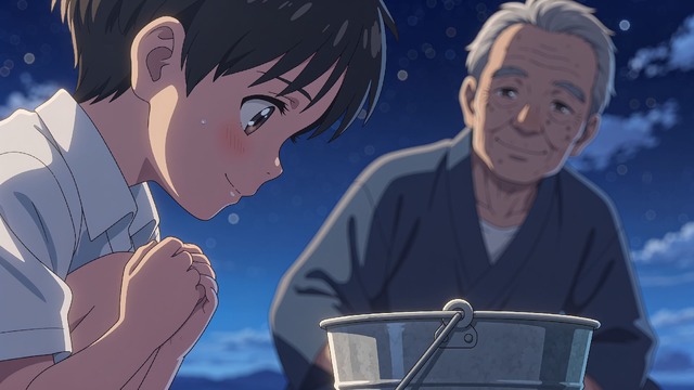 Criança faz um pedido ao lado do avô em cena noturna de 星の唄が聞こえる