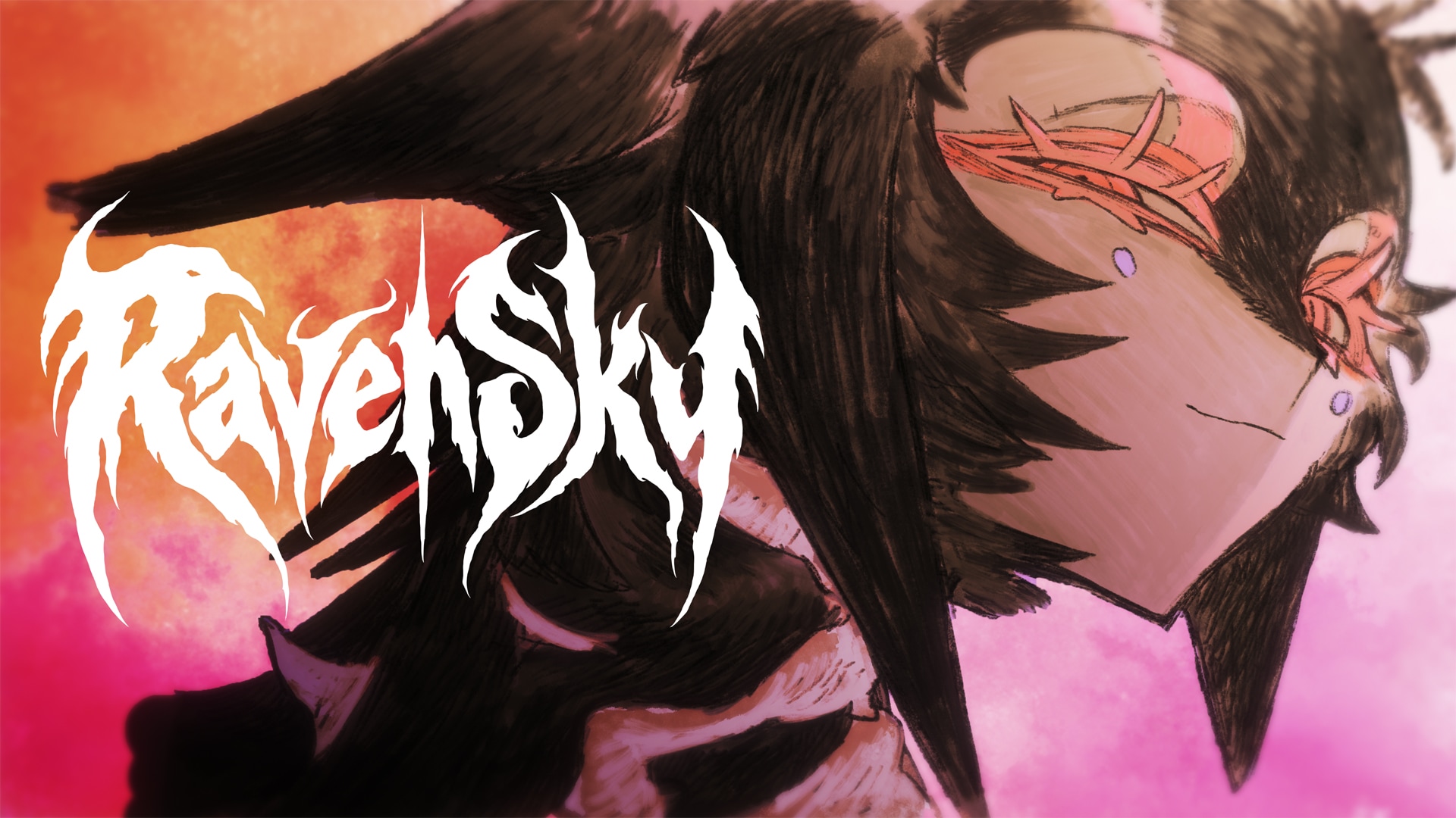 Arte do videoclipe Raven Sky com a personagem ilustrada e o título da canção