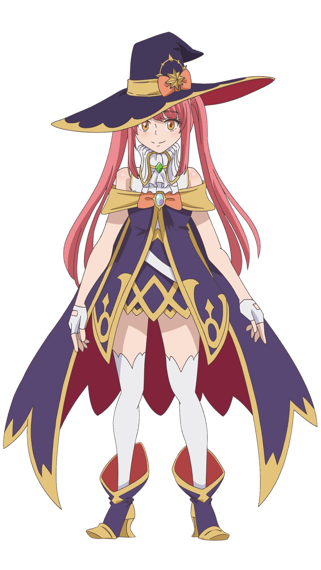Visual da personagem Oroia, de cabelos rosa e traje de bruxa