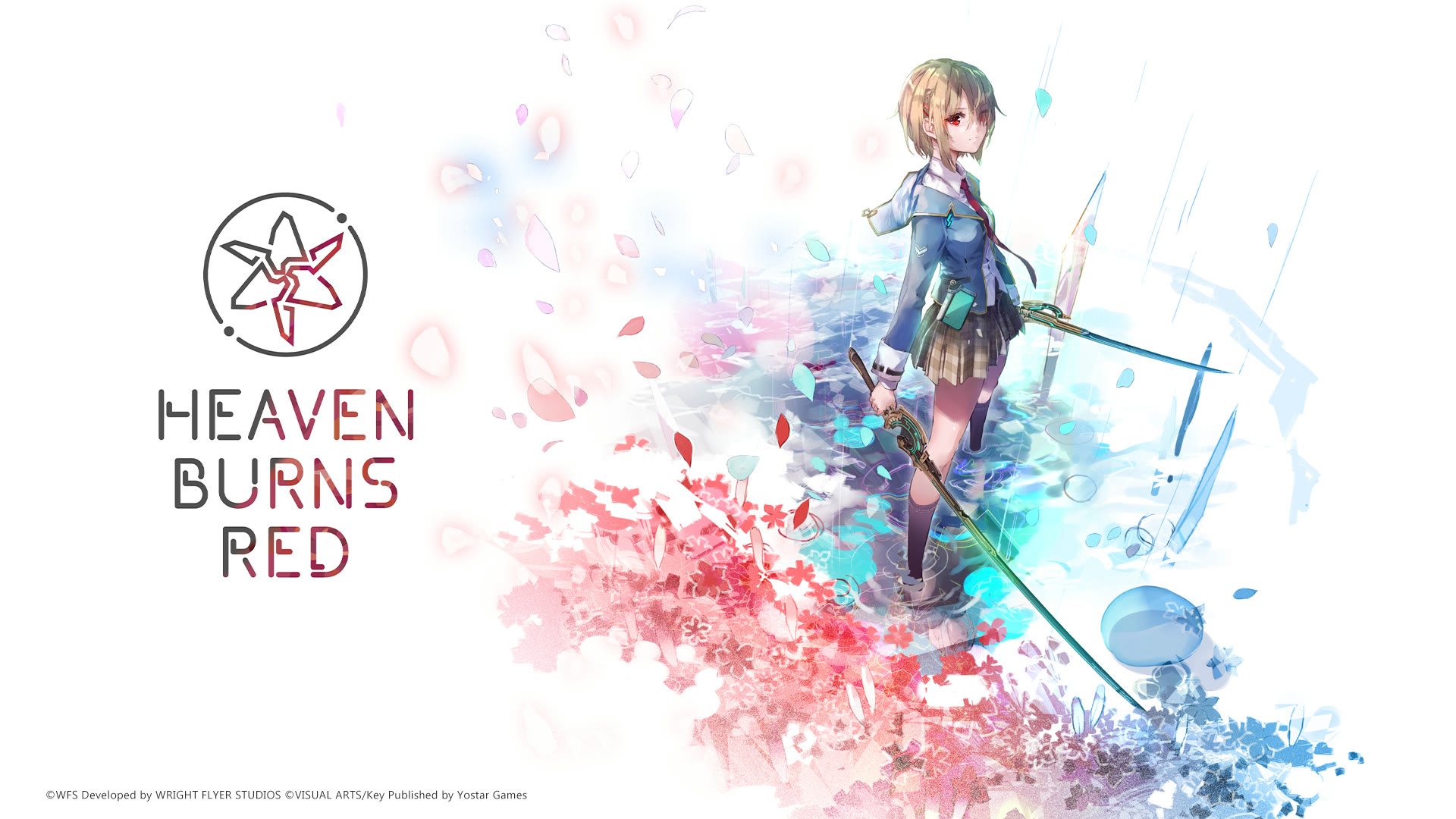 Arte oficial de Heaven Burns Red com a protagonista segurando espadas e o logotipo do jogo