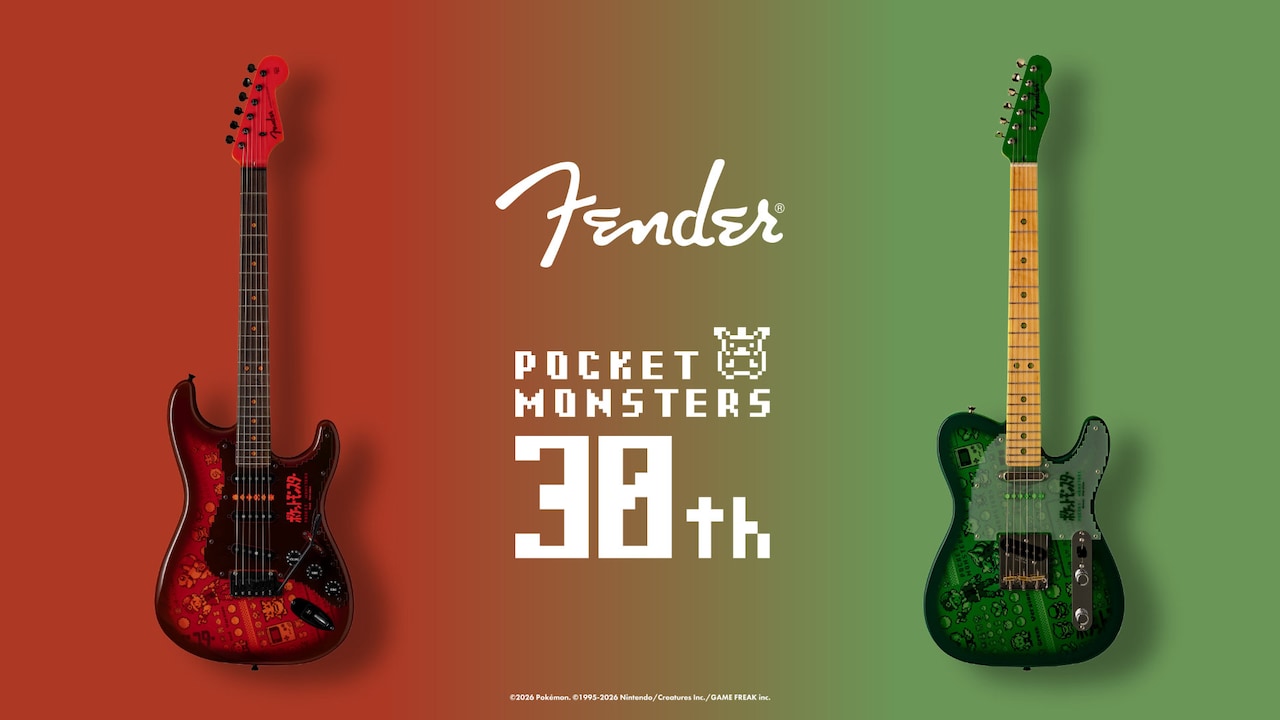 Visual da colaboração Fender e Pokémon mostra guitarra vermelha à esquerda e verde à direita