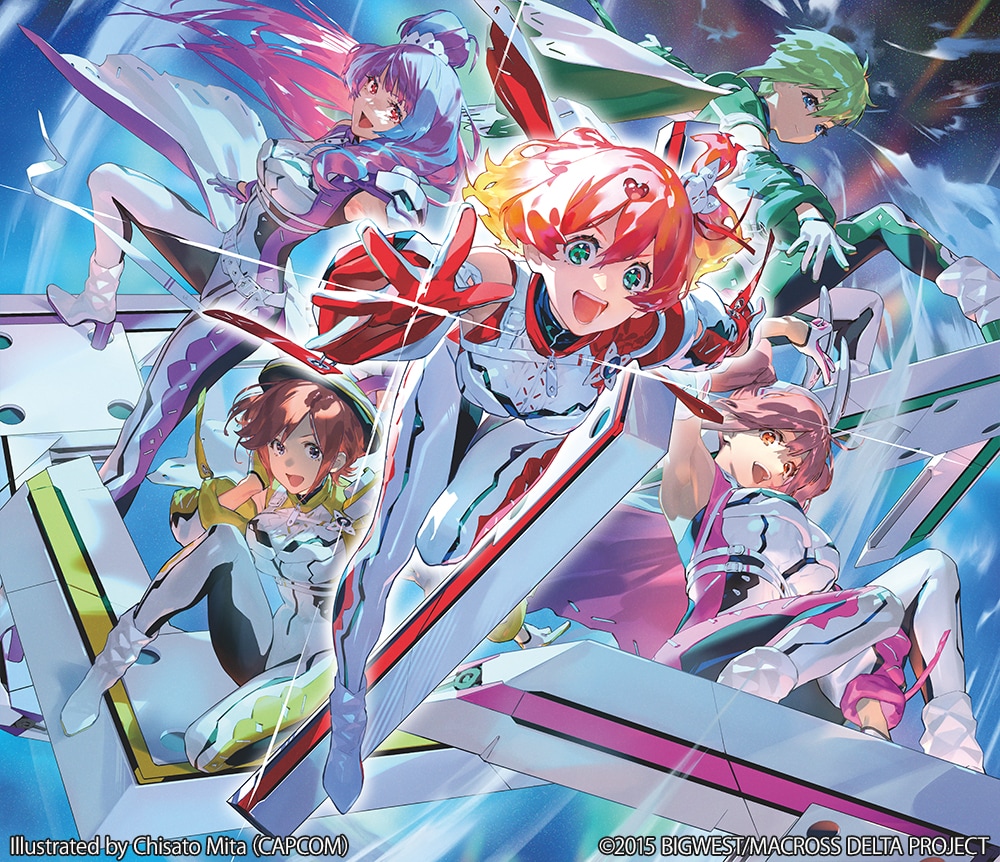 Capa ilustrada do single Walküre wa Makerarenai com cinco personagens de Macross Delta