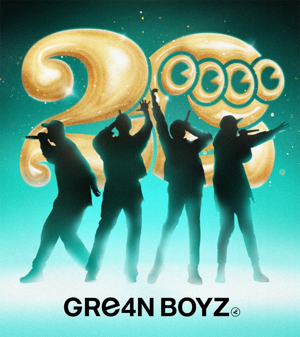 Visual comemorativo dos 20 anos do GRe4N BOYZ com silhuetas dos quatro integrantes