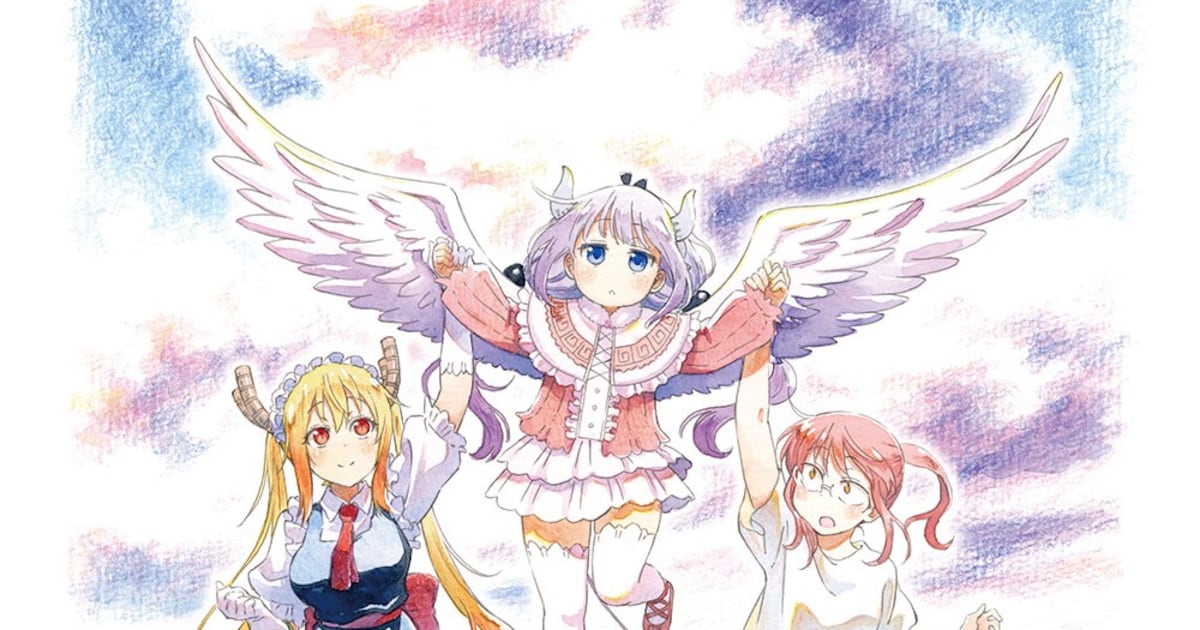 Kanna abre as asas entre Tohru e Kobayashi em arte do filme Kobayashi-san Chi no Maid Dragon: Samishigariya no Ryuu