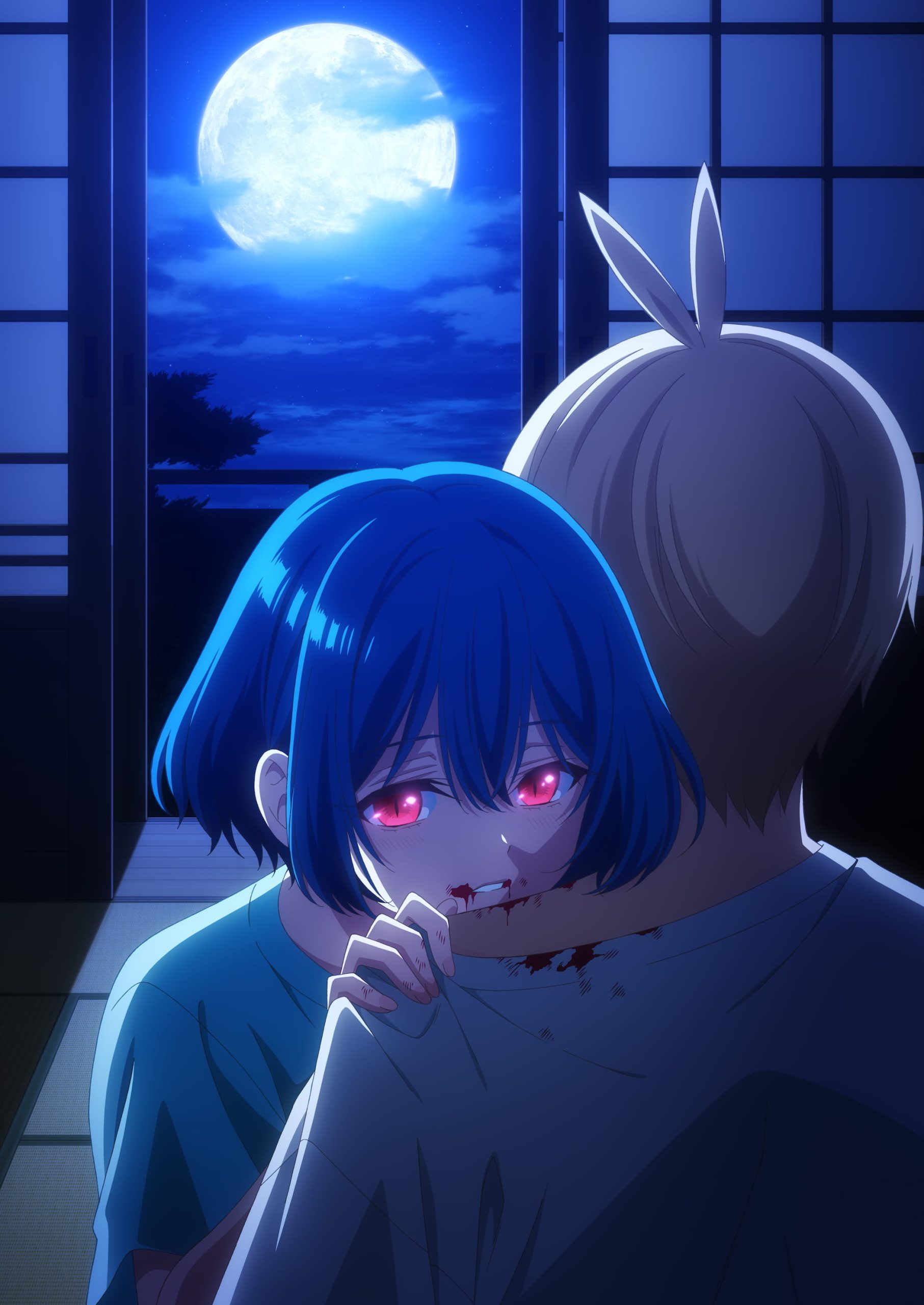 Yukie se aproxima do pescoço de Shota diante de uma janela iluminada pela lua