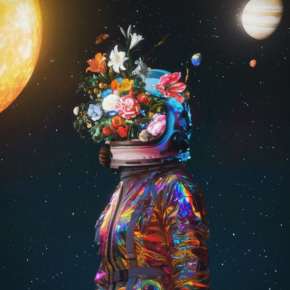 Capa do álbum Space Flower com figura de astronauta e flores no capacete