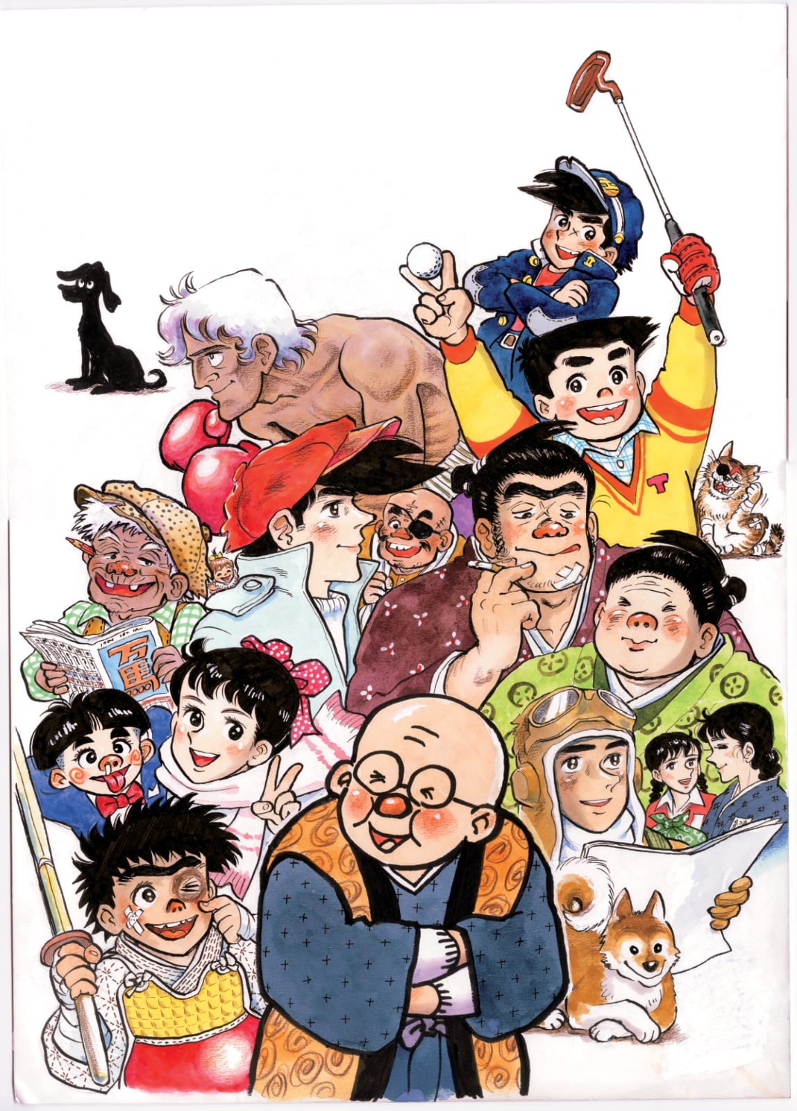 Ilustração comemorativa dos 70 anos de carreira de Tetsuya Chiba com personagens de seus mangás