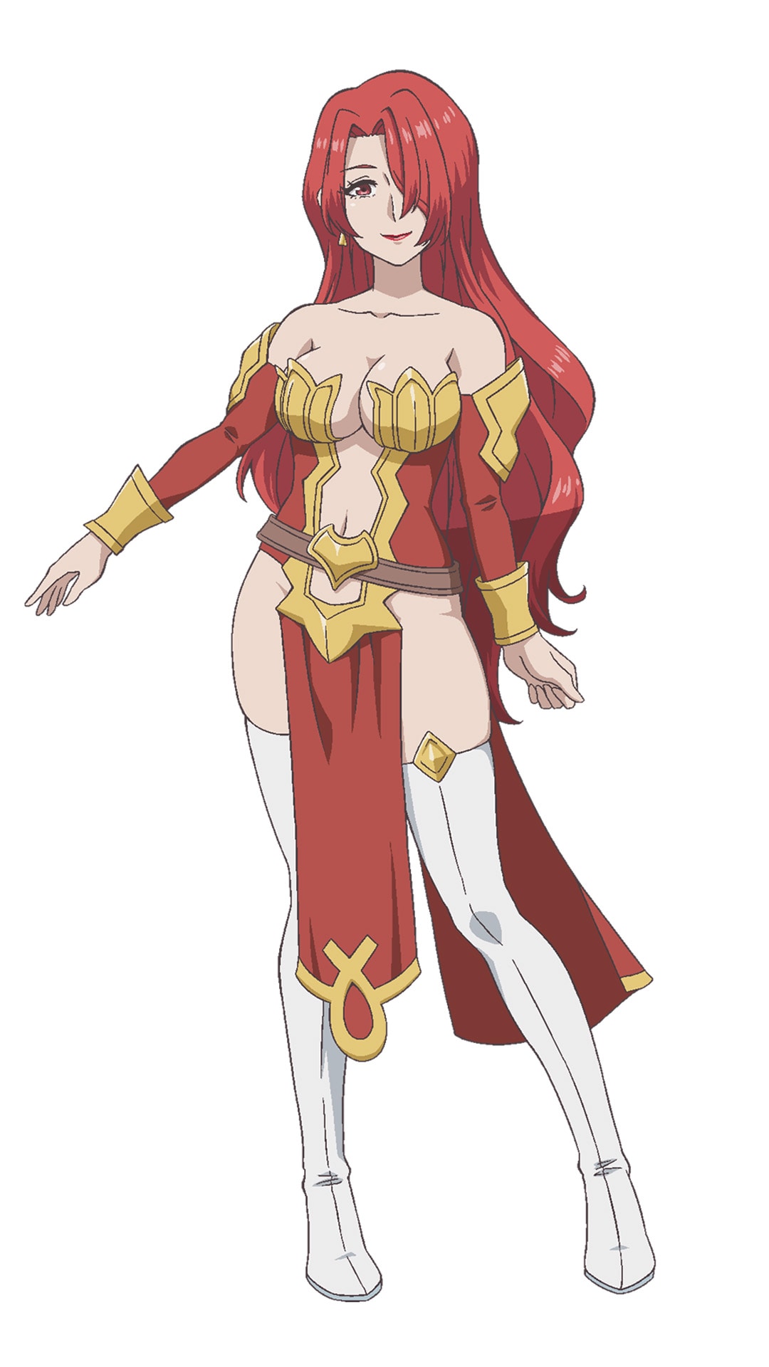 Visual da personagem Scarlet, de cabelos vermelhos e traje vermelho e dourado