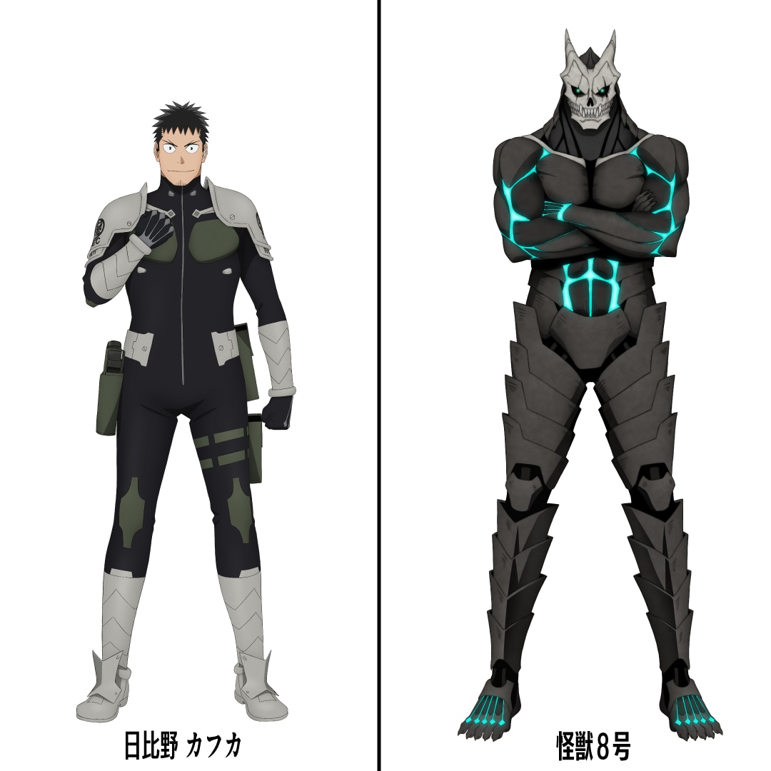 Kafka Hibino em forma humana e como Kaiju No. 8 lado a lado