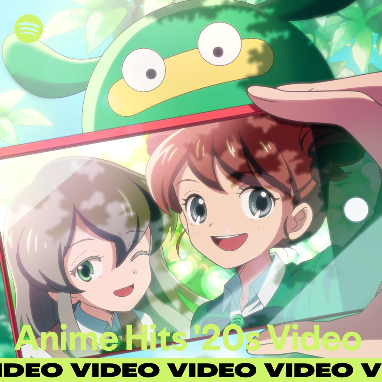 Capa da playlist Anime Hits 20s Video com personagens de anime e mascote verde