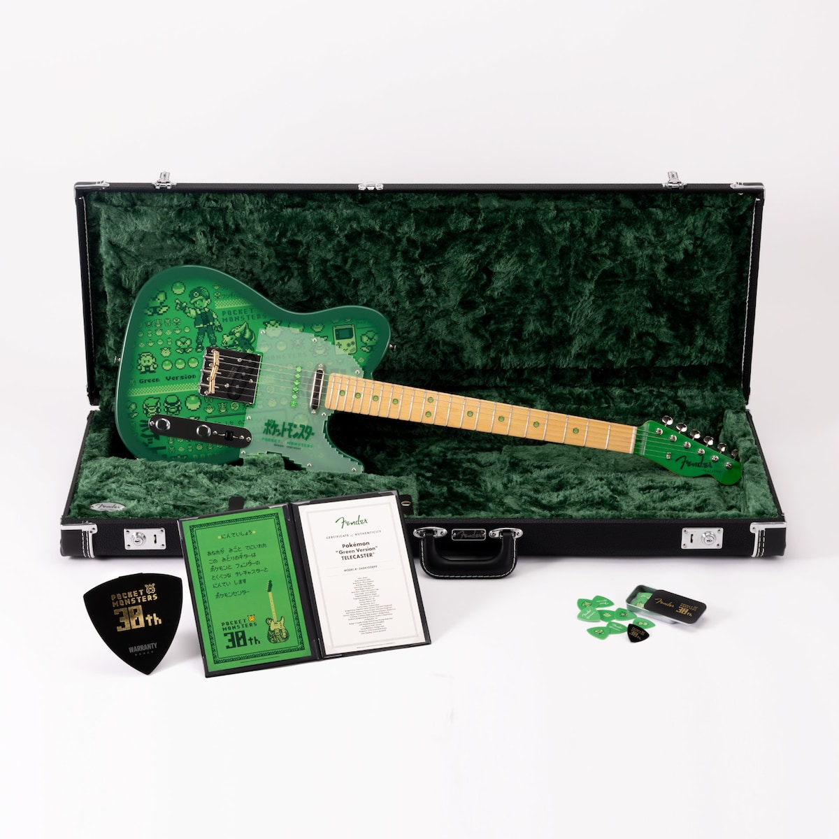 Telecaster verde de Pokémon na maleta com certificado e palhetas comemorativas
