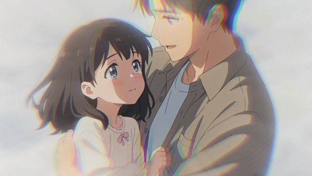 Homem abraça uma menina em cena do filme 星の唄が聞こえる