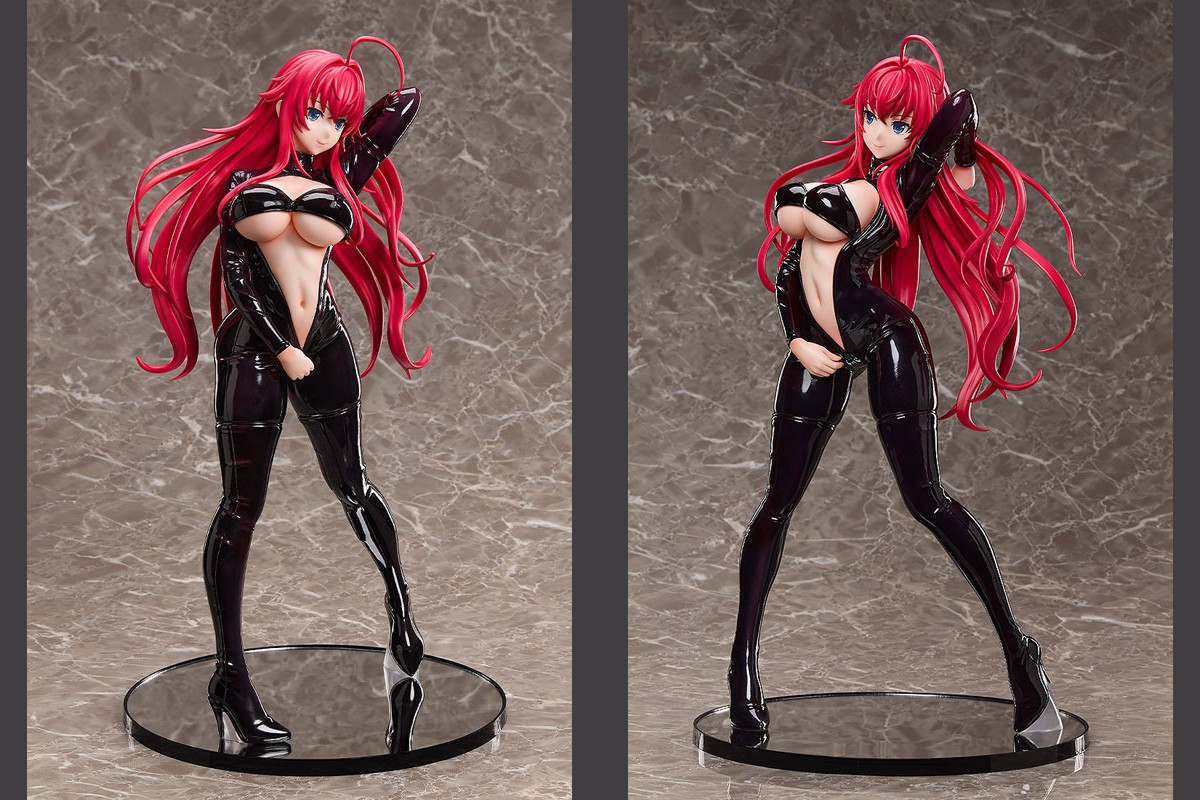 Figura de Rias Gremory em traje preto, apresentada em duas vistas de frente