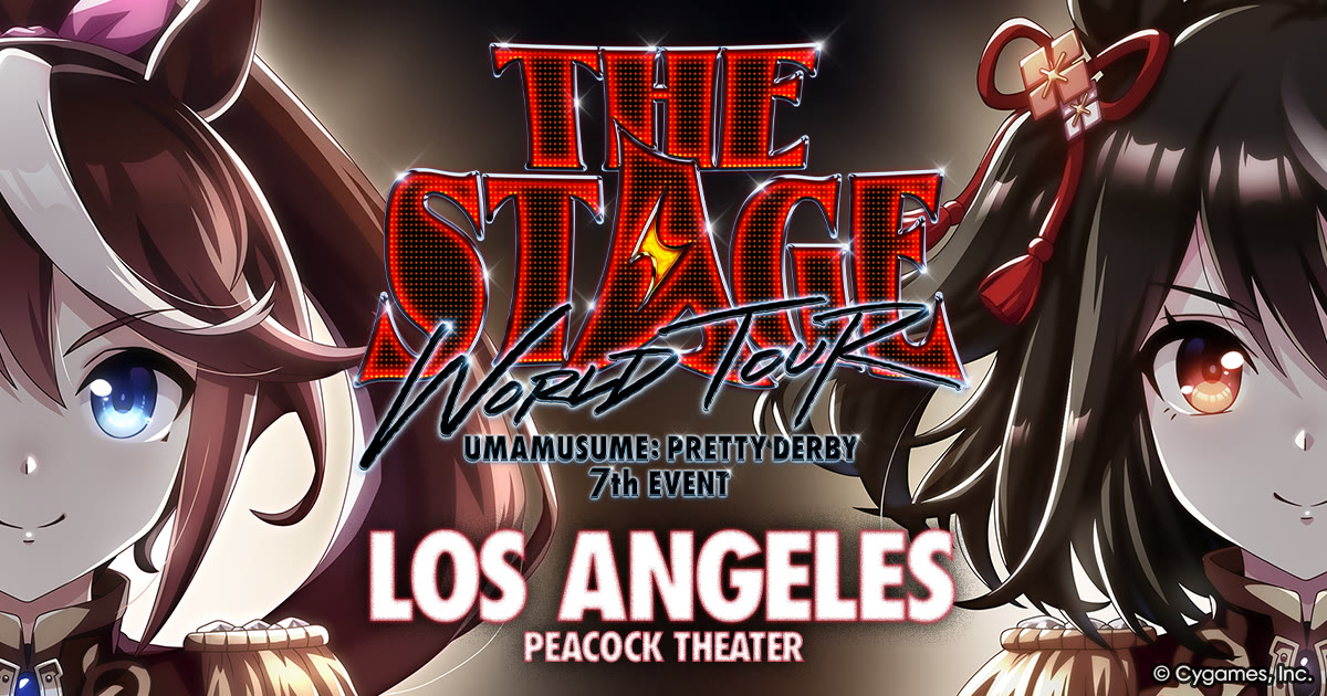 Arte oficial do evento Umamusume Pretty Derby 7th Event World Tour em Los Angeles, com duas personagens nas laterais